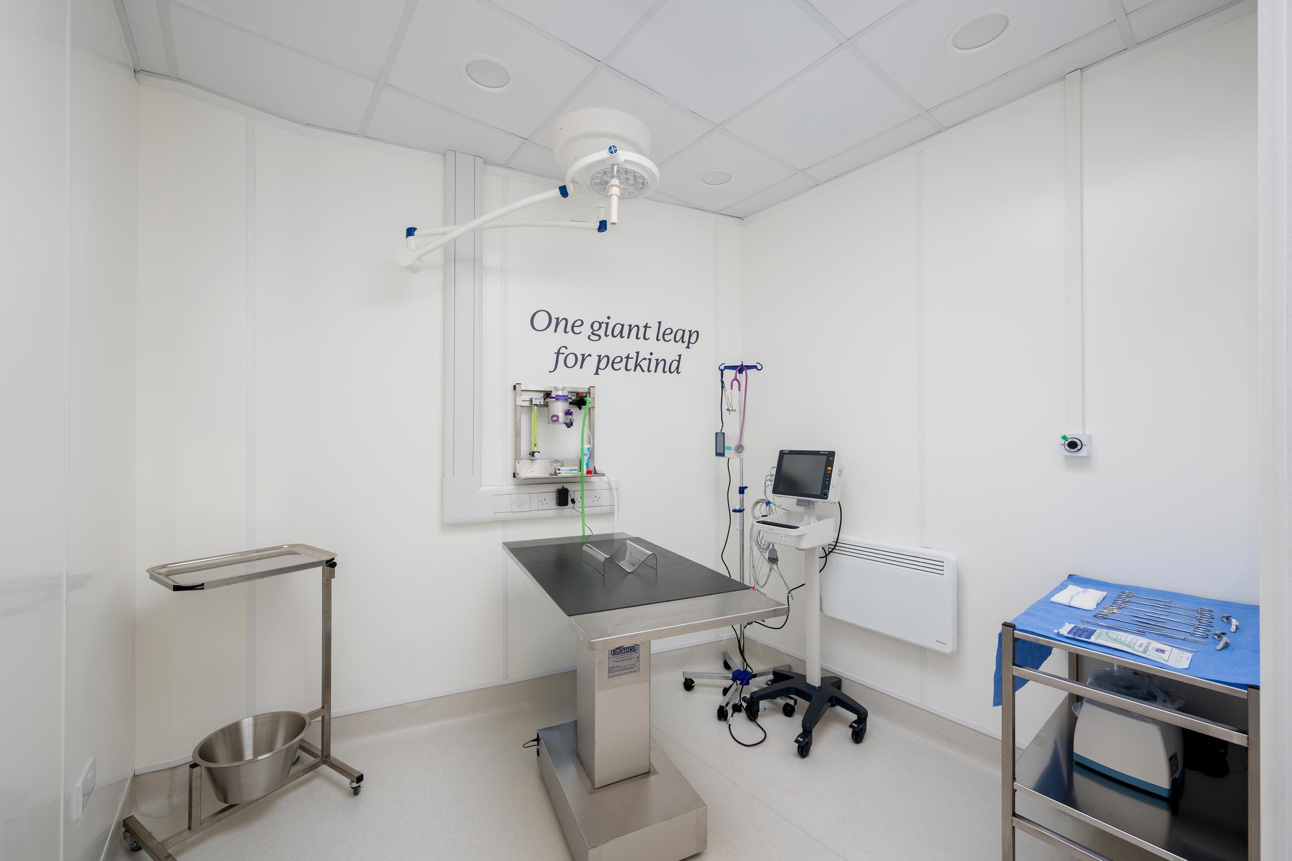 A modern veterinary exam room featuring a stainless steel examination table, medical equipment, and a wall art quote on pet care.