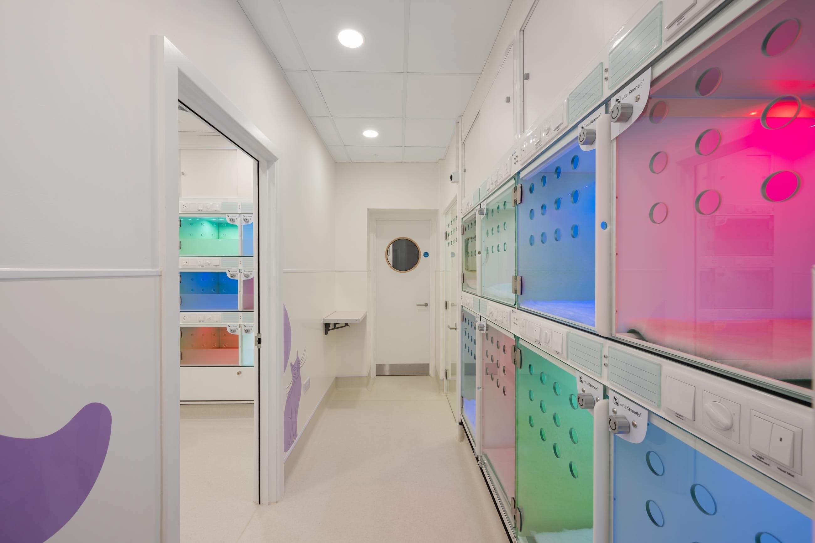 A brightly lit corridor featuring colorful animal enclosures with circular ventilation holes and a small round windowed door.
